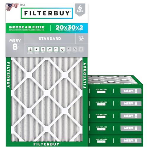Filterbuy 20x30x2 Air Filter MERV 8 Essential Dust & Allergy Defense (6-Pack), Electrostatic Pleated HVAC AC Furnace Filters Replacement, Made in USA (Actual Size: 19.75 x 29.75 x 1.75)