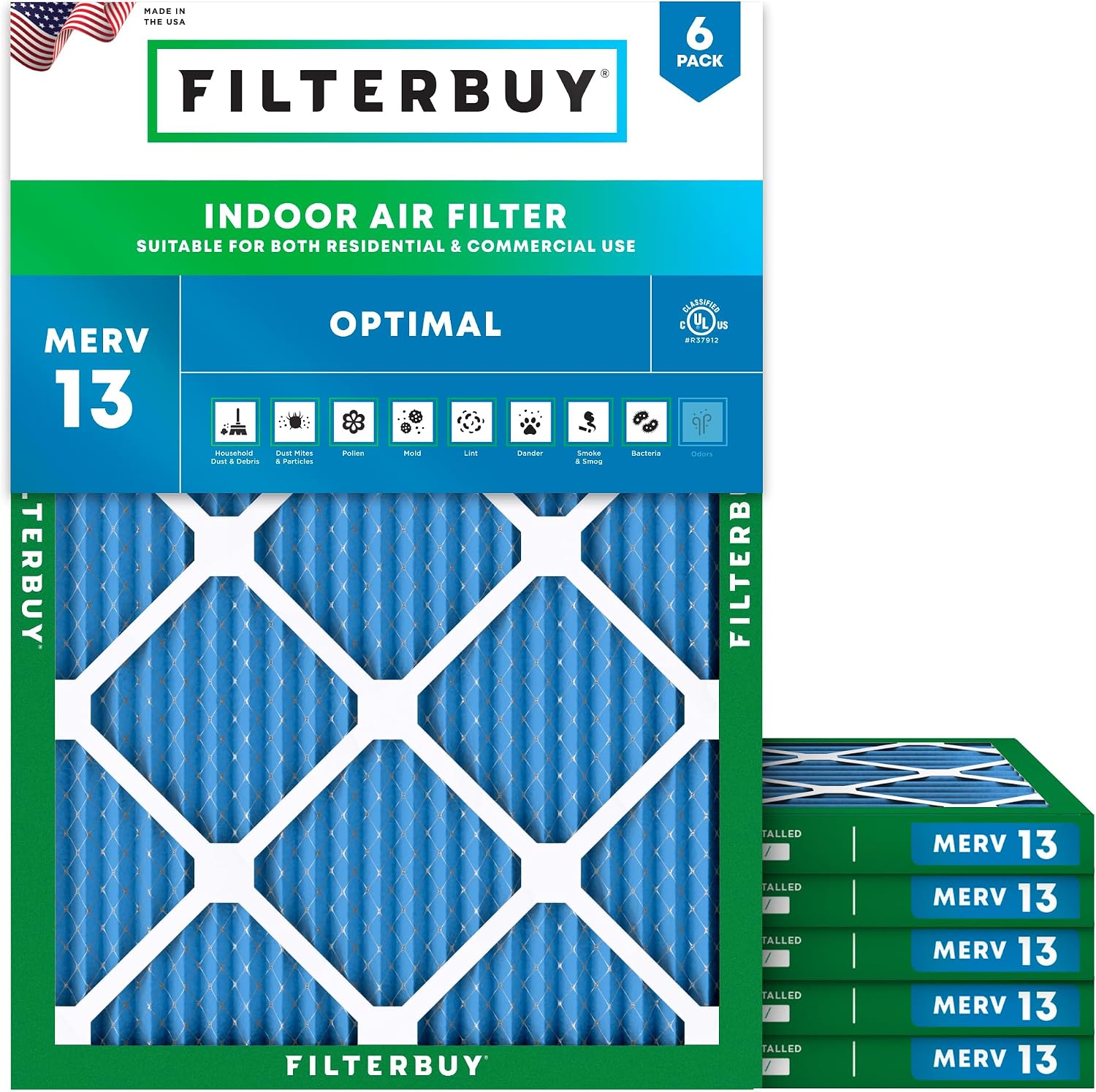 Filterbuy 15x20x1 Air Filter MERV 13 Optimal Smoke & Allergy Defense (6-Pack), Electrostatic Pleated HVAC AC Furnace Filters Replacement, Made in USA (Actual Size: 14.50 x 19.50 x 0.75)