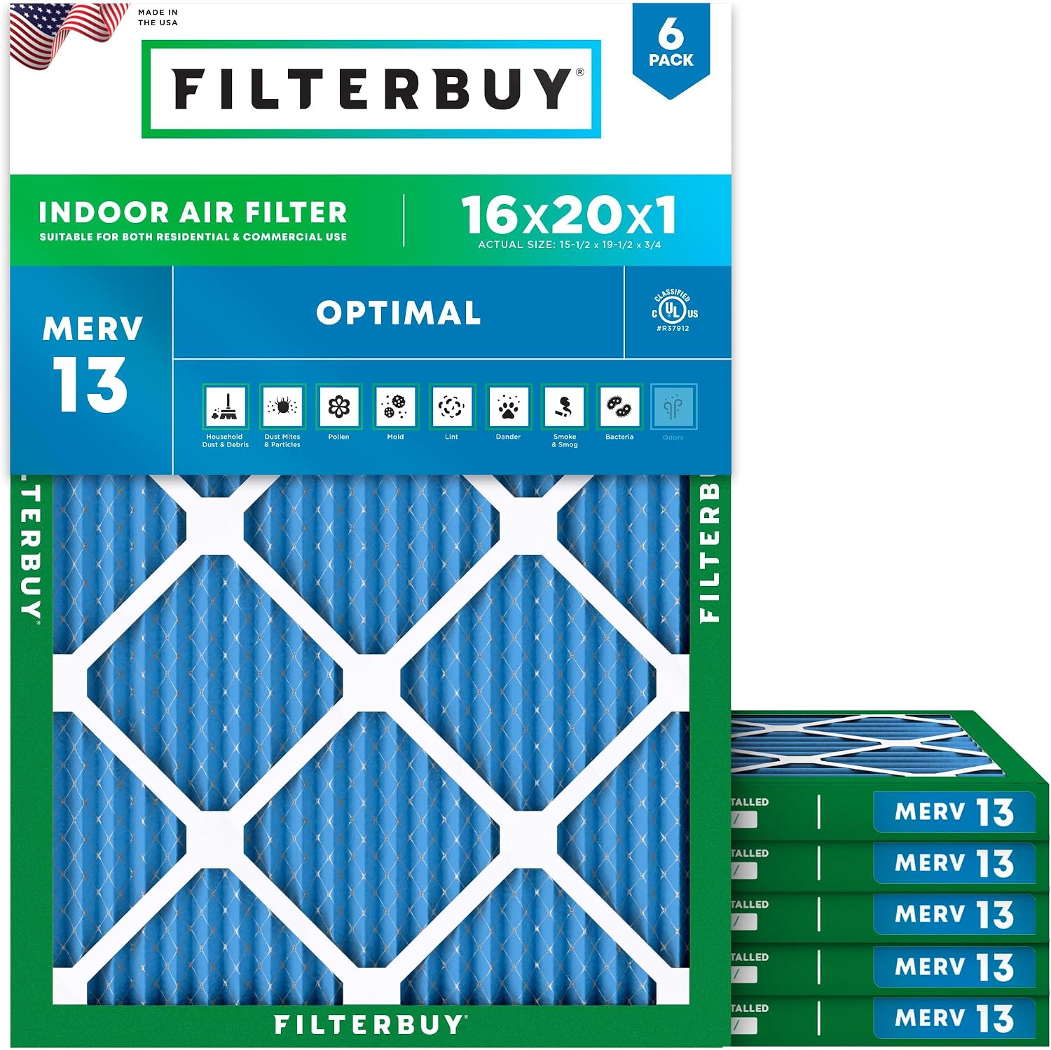 Filterbuy 16x20x1 Air Filter MERV 13 Optimal Smoke & Allergy Defense (6-Pack), Electrostatic Pleated HVAC AC Furnace Filters Replacement, Made in USA (Actual Size: 15.50 x 19.50 x 0.75)