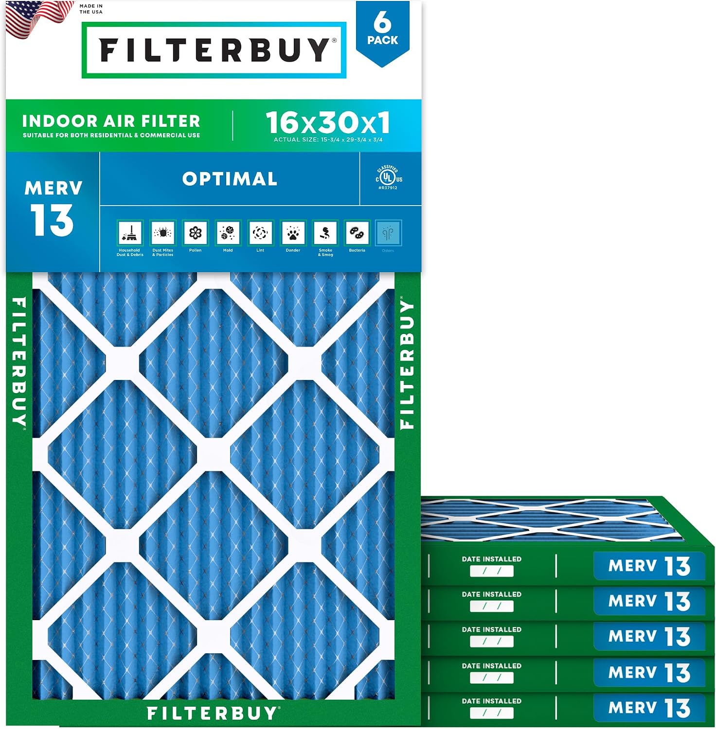 Filterbuy 16x30x1 Air Filter MERV 13 (6-Pack)