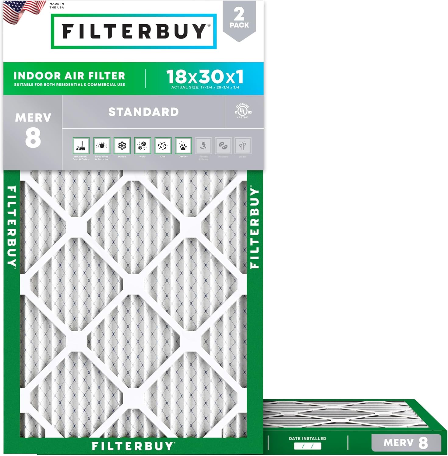 Filterbuy 18x30x1 Air Filter MERV 8 Essential Dust & Allergy Defense (2-Pack), Electrostatic Pleated HVAC AC Furnace Filters Replacement, Made in USA (Actual Size: 17.75 x 29.75 x 0.75)