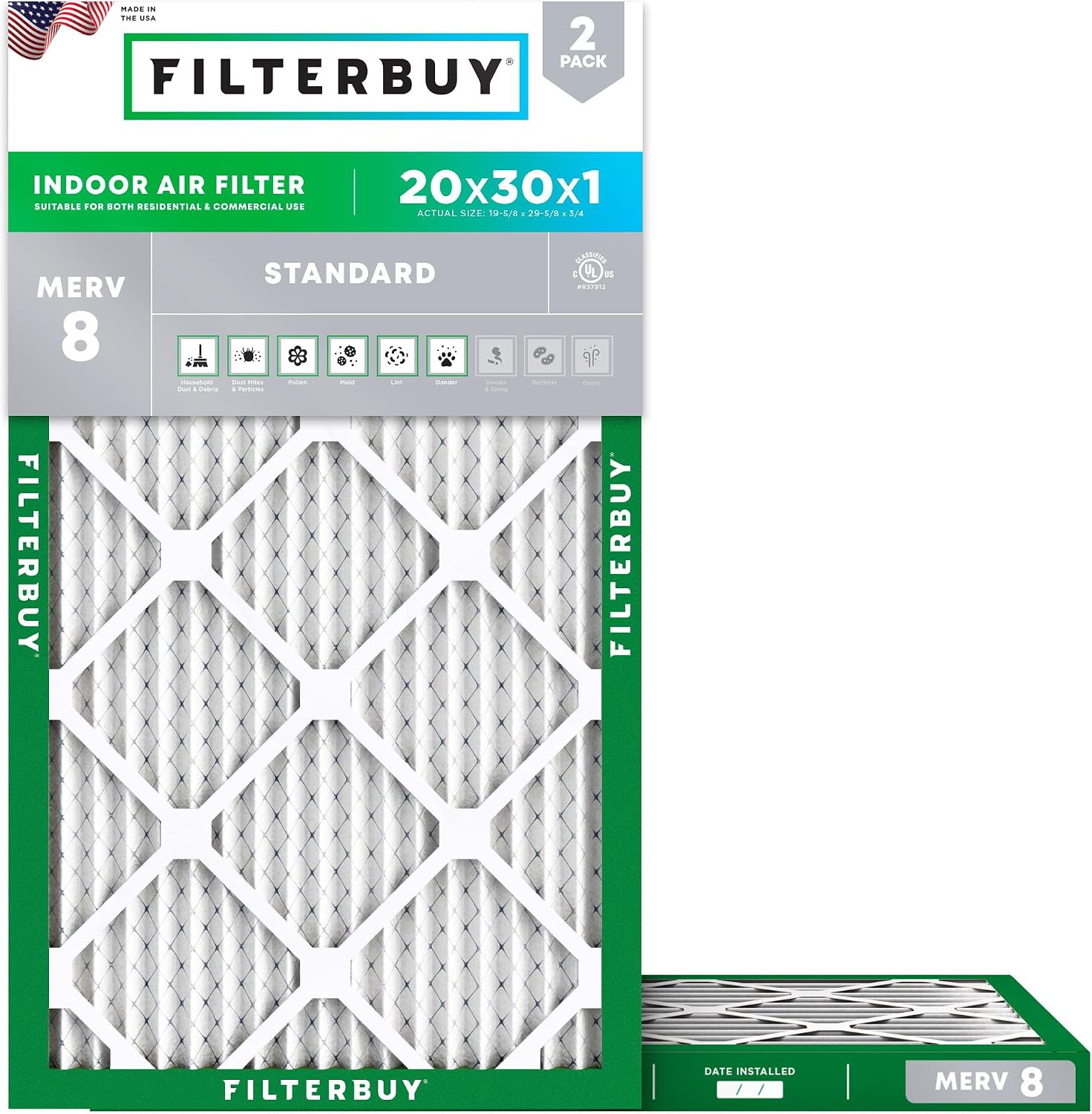 Filterbuy 20x30x1 Air Filter MERV 8 Essential Dust & Allergy Defense (2-Pack), Electrostatic Pleated HVAC AC Furnace Filters Replacement, Made in USA (Actual Size: 19.63 x 29.63 x 0.75)