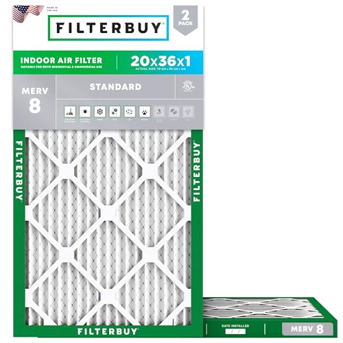 Filterbuy 20x36x1 Air Filter MERV 8 Essential Dust & Allergy Defense (2-Pack), Electrostatic Pleated HVAC AC Furnace Filters Replacement, Made in USA (Actual Size: 19.75 x 35.75 x 0.75)