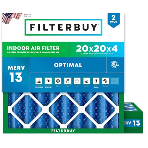 Filterbuy 20x20x4 Air Filter MERV 13 Optimal Smoke & Allergy Defense (2-Pack), Electrostatic Pleated HVAC AC Furnace Filters Replacement, Made in USA (Actual Size: 19.50 x 19.50 x 3.63)