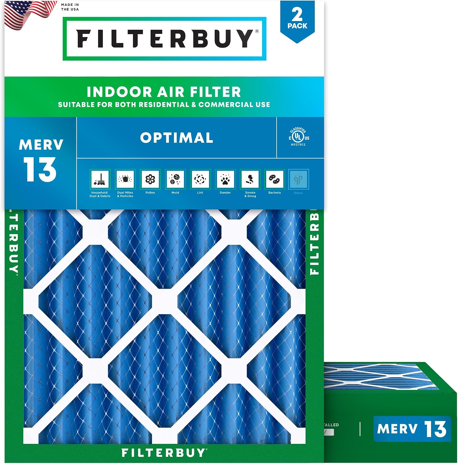 Filterbuy 20x23x4 Air Filter MERV 13 Optimal Smoke & Allergy Defense (2-Pack), Electrostatic Pleated HVAC AC Furnace Filters Replacement, Made in USA (Actual Size: 19.50 x 22.50 x 3.63)