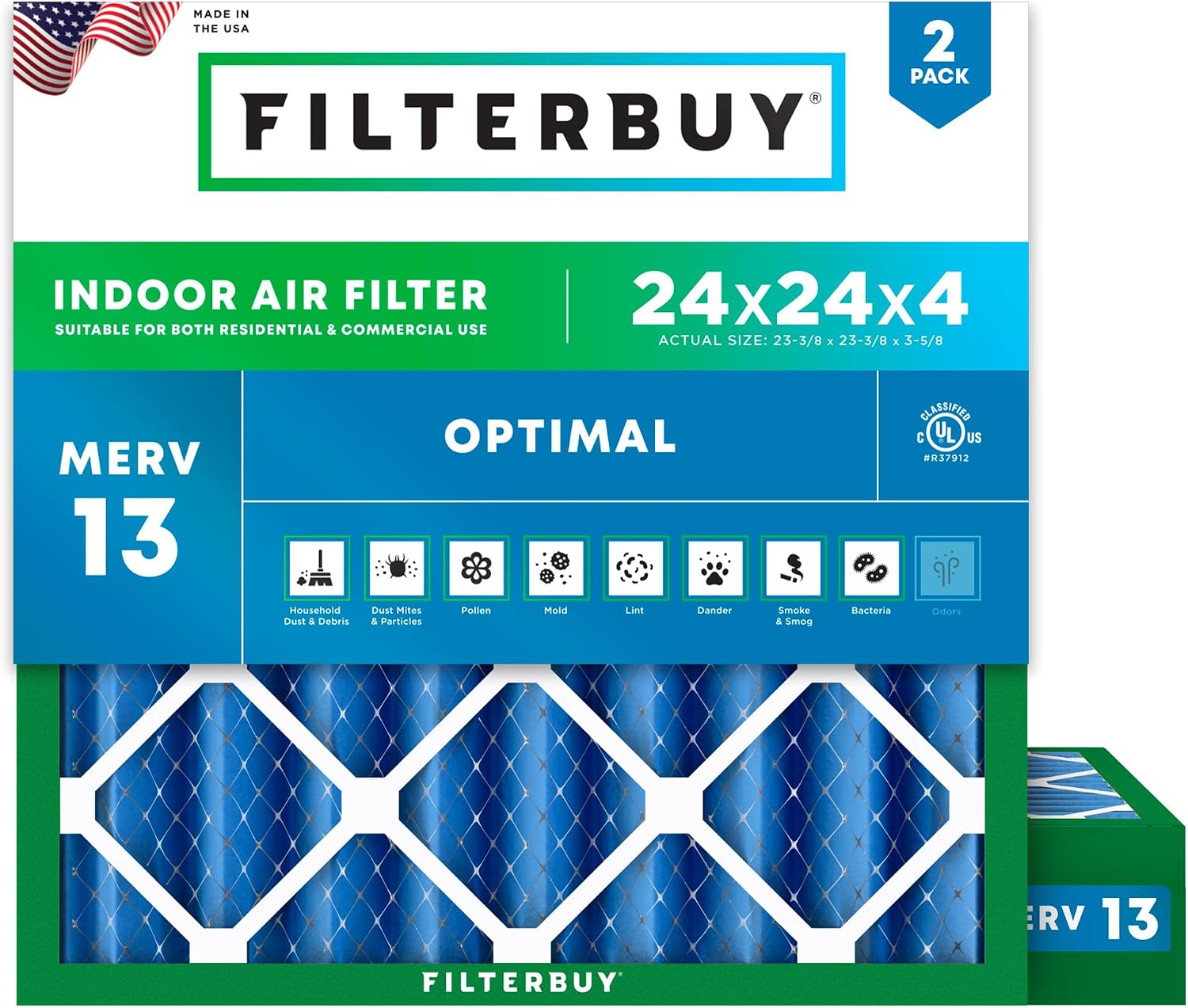 Filterbuy 24x24x4 Air Filter MERV 13 Optimal Smoke & Allergy Defense (2-Pack), Electrostatic Pleated HVAC AC Furnace Filters Replacement, Made in USA (Actual Size: 23.38 x 23.38 x 3.63)