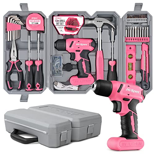 Hi-Spec 58pc Pink 8V USB Electric Power Cordless Drill Driver and Womens Ladies Home DIY Tool Kit Set. Screwdrivers, Drill Bit Set Accessories, Pliers and Hammer In a Toolbox Case