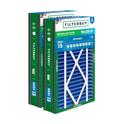 Filterbuy 16x25x3 Air Filter MERV 13 Optimal Smoke & Allergy Defense (2-Pack), Electrostatic Pleated HVAC AC Furnace Filters for Trion Air Bear, Lennox X0581 & More (Actual Size: 15.63 x 24.13 x 3.00)