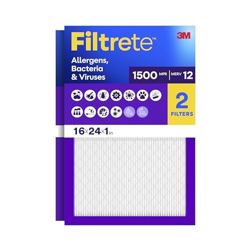 Filtrete 16x24x1 AC Furnace Air Filter, MERV 12, MPR 1500, CERTIFIED asthma & allergy friendly, 3 Month Pleated 1-Inch Electrostatic Air Cleaning Filter, 2-Pack (Actual Size 15.81x23.81x0.78 in)