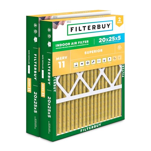 Filterbuy 20x25x5 Air Filter MERV 11 Superior Pet & Allergy Defense (2-Pack), Pleated HVAC AC Furnace Filters for Honeywell FC100A1037, Lennox X6673, and More (Actual Size: 19.88 x 24.75 x 4.38)