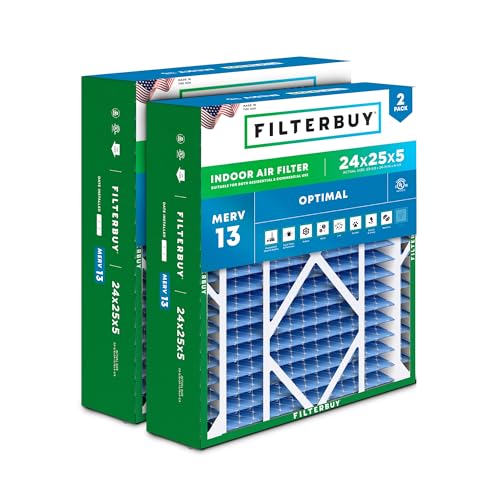 Filterbuy 24x25x5 Air Filter MERV 13 Optimal Smoke & Allergy Defense (2-Pack), Electrostatic Pleated HVAC AC Furnace Filters for Carrier FILXXCAR0024, Maytag & More (Actual Size: 23.63 x 24.69 x 4.25)