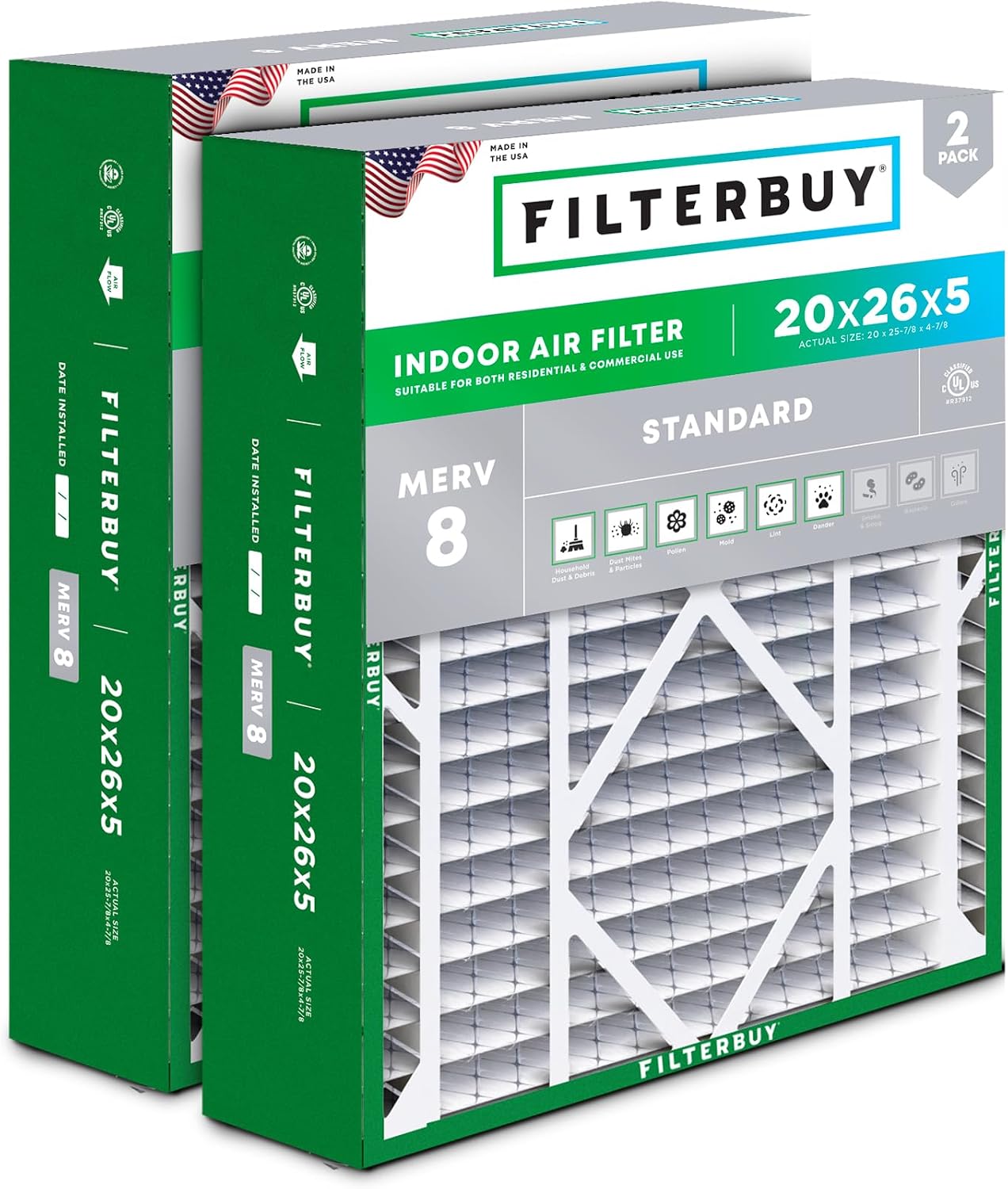 Filterbuy 20x26x5 Air Filter MERV 8 Essential Dust & Allergy Defense (2-Pack), Pleated HVAC AC Furnace Filters for Electro-Air, Lennox, White Rodgers, and More (Actual Size: 20.00 x 25.88 x 4.88)