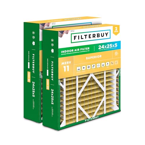 Filterbuy 24x25x5 Air Filter MERV 11 Superior Pet & Allergy Defense (2-Pack), Electrostatic Pleated HVAC AC Furnace Filters for Carrier FILXXCAR0024, Maytag & More (Actual Size: 23.63 x 24.69 x 4.25)