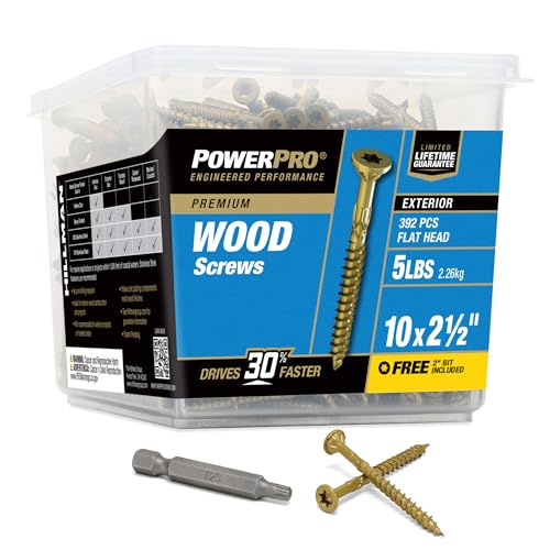 Power Pro Premium Exterior Wood Screws, #10 x 2-1/2" Inch All-Purpose Deck Screws for Outdoor Projects, T-25 Star Bit Included, Bronze, 392 Pieces | 48612V4