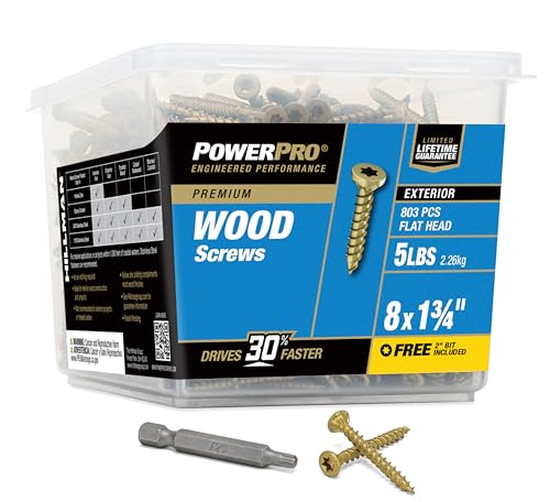 Power Pro Premium Exterior Wood Screws, #8 x 1-3/4"Inch All-Purpose Deck Screws for Outdoor Projects, T-25 Star Bit Included, Bronze, 803 Pieces | 48607V4