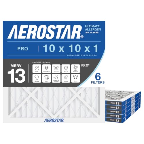 Aerostar 10x10x1 MERV 13-6 Count - Pleated Furnace & Air Conditioner Filters - Removes Bacteria, Dust, Cold & Flu Germs, Lint, Mold, Pet Dander, Allergy-Causing Pollen, Smog, Smoke & Viruses