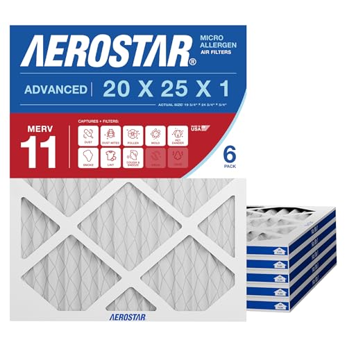 Aerostar 20x25x1 MERV 11 Air Filter, 6 Count, ACTUAL SIZE (19.75 x 24.75 x 0.75), HVAC, Air Conditioning & Furnace Filter for Dust, Pet Dander, Smoke & Allergies (MPR 1200 / FPR 7), Made in USA