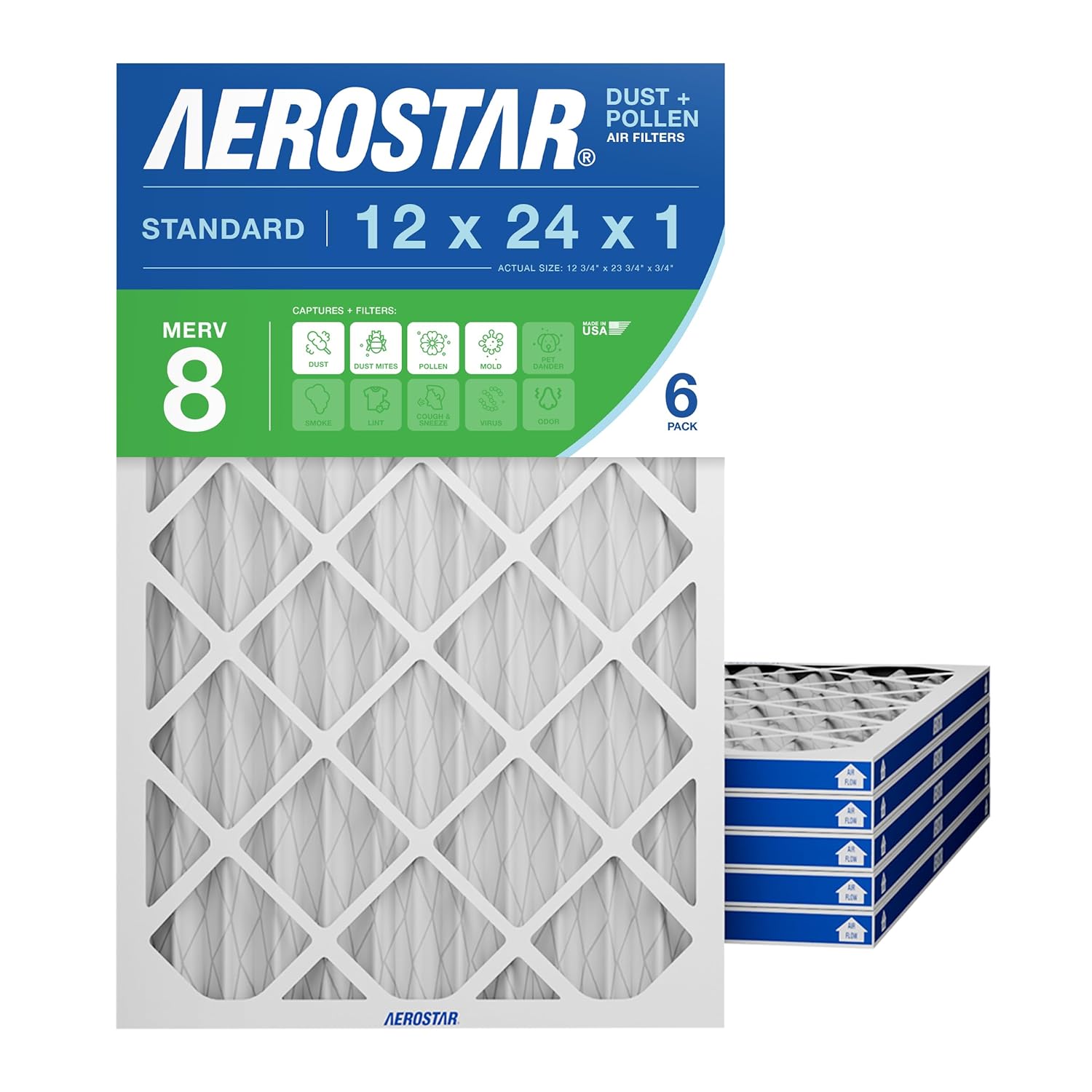 Aerostar 12x24x1 MERV 8 - 6 Count - High Efficiency Pleated HVAC, Furnace & Air Conditioner Filters - Removes Dust, Lint, Mold & Allergy-Causing Pollen