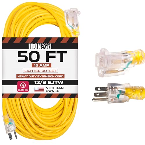 Iron Forge Cable 50 Foot Lighted Outdoor Extension Cord - 12/3 SJTW Heavy Duty Yellow Extension Cable with 3 Prong 15 AMP Grounded Plug for Safety
