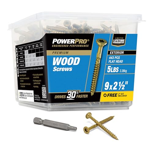 Power Pro Premium Exterior Wood Screws, #9 x 2-1/2"Inch All-Purpose Deck Screws for Outdoor Projects, T-25 Star Bit Included, Bronze, 443 Pieces | 48610V4