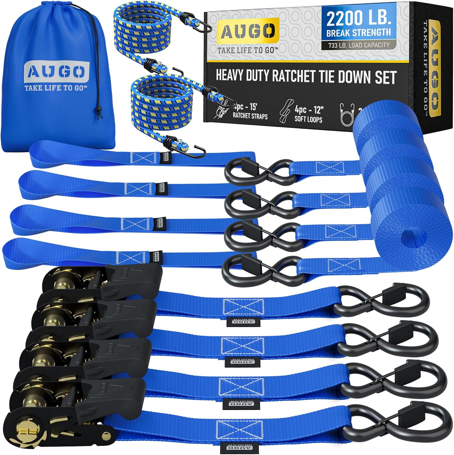 AUGO Ratchet Straps Heavy Duty 4 Pack -15 FT - 2200 LB Break Strength  with Safety Lock S Hooks - Cargo Straps for Moving, Appliances, Motorcycle  Soft Loop Tie Down Straps
