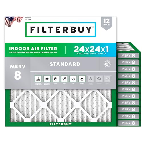 Filterbuy 24x24x1 Air Filter MERV 8 Essential Dust & Allergy Defense (12-Pack), Electrostatic Pleated HVAC AC Furnace Filters Replacement, Made in USA (Actual Size: 23.38 x 23.38 x 0.75)