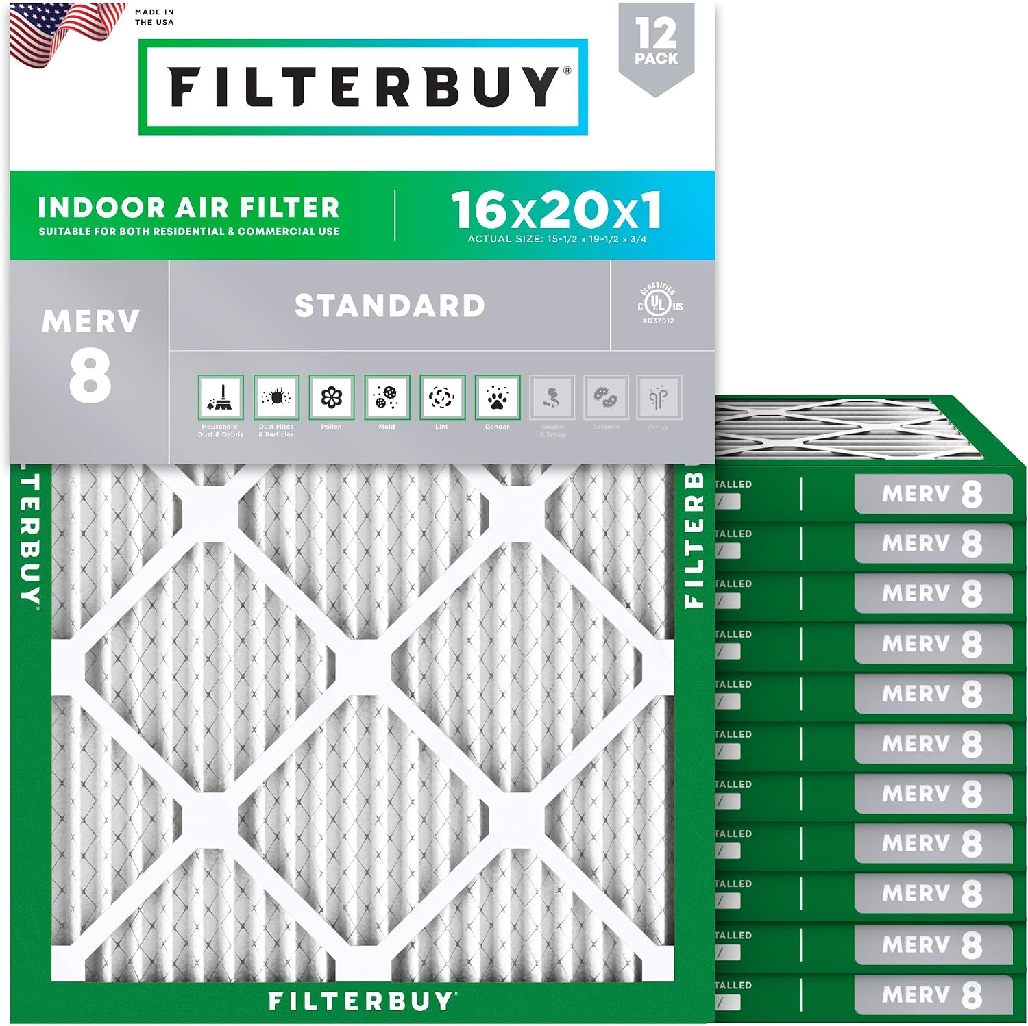 Filterbuy 16x20x1 MERV 8 (12-Pack)