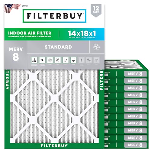 Filterbuy 14x18x1 Air Filter MERV 8 Essential Dust & Allergy Defense (12-Pack), Electrostatic Pleated HVAC AC Furnace Filters Replacement, Made in USA (Actual Size: 13.50 x 17.50 x 0.75)