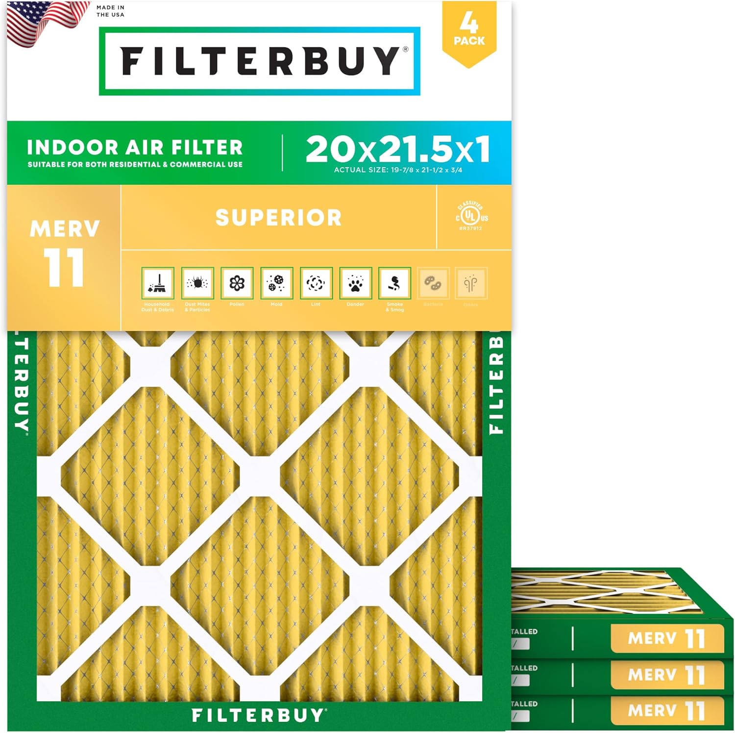 Filterbuy 20x21.5x1 Air Filter MERV 11 Superior Pet & Allergy Defense (4-Pack), Electrostatic Pleated HVAC AC Furnace Filters Replacement, Made in USA (Actual Size: 19.88 x 21.50 x 0.75)