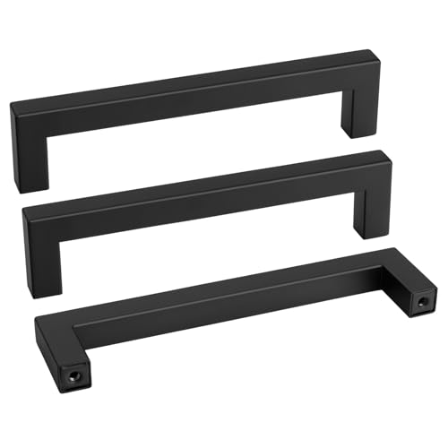 Goldenwarm 10 Pack Black Square Bar Cabinet Pull Drawer Handle Stainless Steel Modern Hardware for Kitchen and Bathroom Cabinets Cupboard,Center to Center 6-1/4in(160mm) Kitchen Cupboard Handles