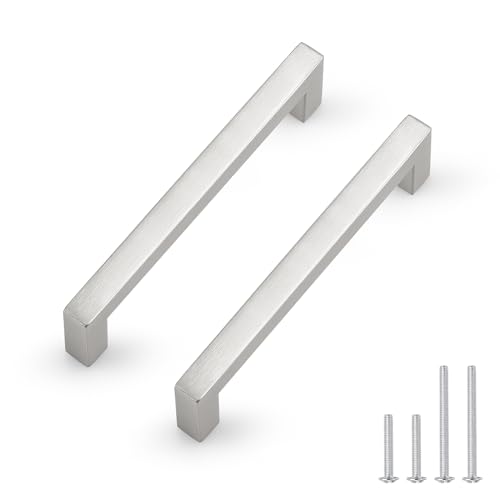 Probrico 25 Pack Hole Centers 5 inch Brushed Nickel Kitchen Cabinet Pulls,Square Corner Bar Drawer Handles,Stainless Steel Dresser Pull Handle 5.5inch Length