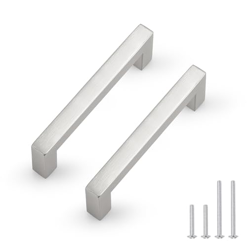 Probrico 50 Pack Hole Centers 3-3/4inch Brushed Satin Nickel Kitchen Cabinet Handles,Stainless Steel Drawer Pulls,Square Corner Bar Dresser Pull Handle 4-1/4inch Length