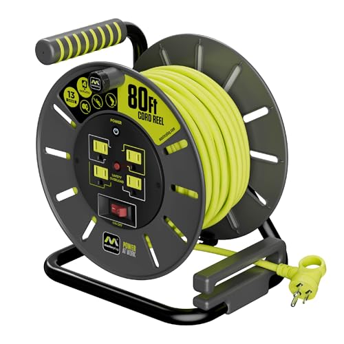 80ft Cord Reel, Retractable Extension Lead with Winding Handle, Safety Overload Circuit Breaker and Power Switch, 4X Grounded Outlets, 13amps, 14AWG Cable