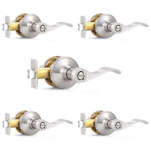 Probrico Wave Style Privacy Bed Bath Door Levers in Satin Nickel Finish, Interior Keyless Door Handles Locksets, 5 Pack
