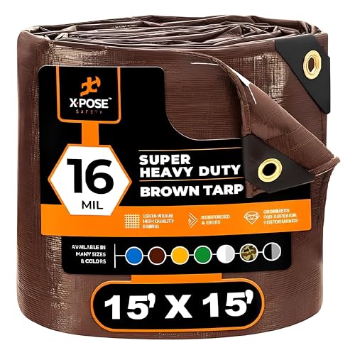 15' x 15' Super Heavy Duty 16 Mil Brown Poly Tarp Cover - Thick Waterproof, UV Resistant, Rip and Tear Proof Tarpaulin with Grommets and Reinforced Edges - by Xpose Safety