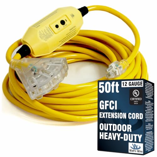 50 ft GFCI Extension Cord - 12 Gauge Outdoor Extension_Cord - Lighted Mulitiple Outlets by Watt's Wire - 50' 12-Gauge Grounded 15 Amp Cord - GFCI Cord Outdoor - extensiones electricas