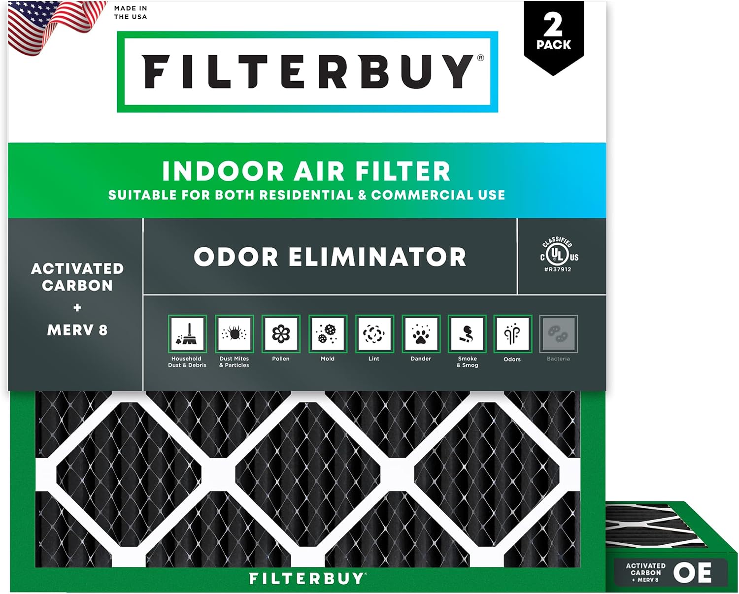 Filterbuy 24x24x1 Air Filter MERV 8 Odor & Allergy Defense with Activated Carbon (2-Pack), Electrostatic Pleated HVAC AC Furnace Filters Replacement, Made in USA (Actual Size: 23.38 x 23.38 x 0.75)