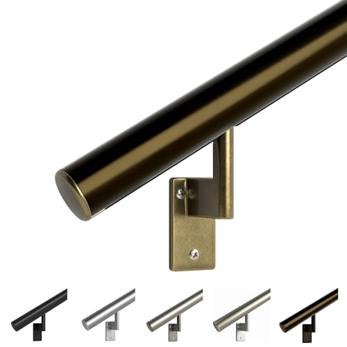 Promenaid 1.5ft Flush Handrail Kit - Architectural Bronze - Complete Indoor/Outdoor Handrail for Stairs - 1.6" Round Anodized Aluminum Railing with 2 Antique Brass Pivoting Wall Brackets & Endcaps