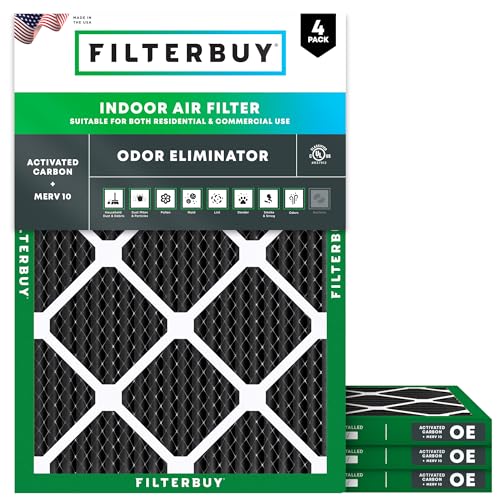 Filterbuy 14x20x1 Air Filter MERV 8 Odor & Allergy Defense with Activated Carbon (4-Pack), Electrostatic Pleated HVAC AC Furnace Filters Replacement, Made in USA (Actual Size: 13.50 x 19.50 x 0.75)