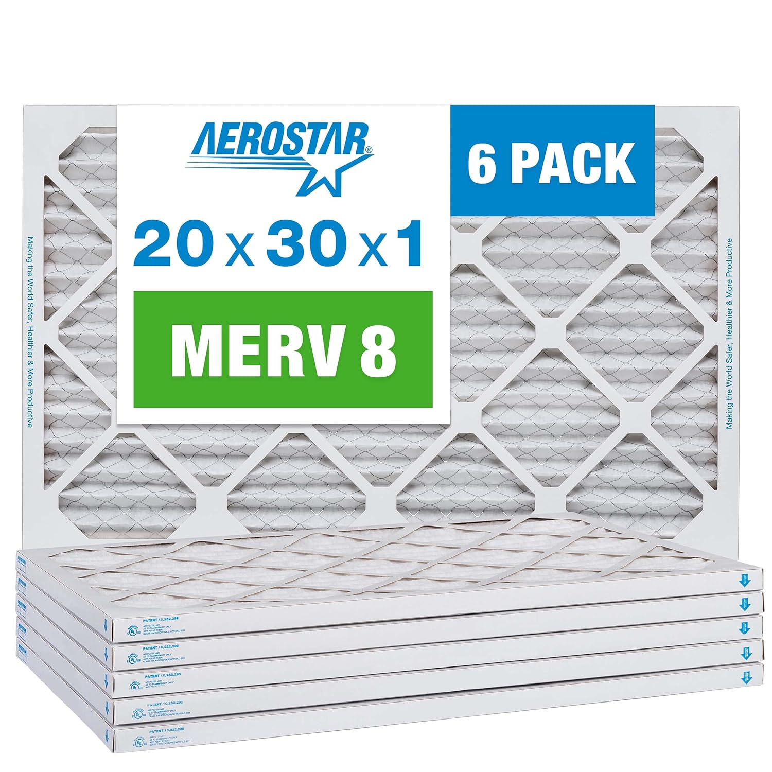 Aerostar 20x30x1 MERV 8 - 6 Count - High Efficiency Pleated HVAC, Furnace & Air Conditioner Filters - Removes Dust, Lint, Mold & Allergy-Causing Pollen