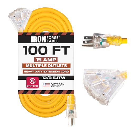 Iron Forge Cable 100ft Outdoor Extension Cord, Lighted with 3 Electrical Power Outlets - 12/3 Gauge SJTW Heavy Duty Extension Cable, Yellow, 15 AMP - 3 Pronged with Grounded Plug for Improved Safety