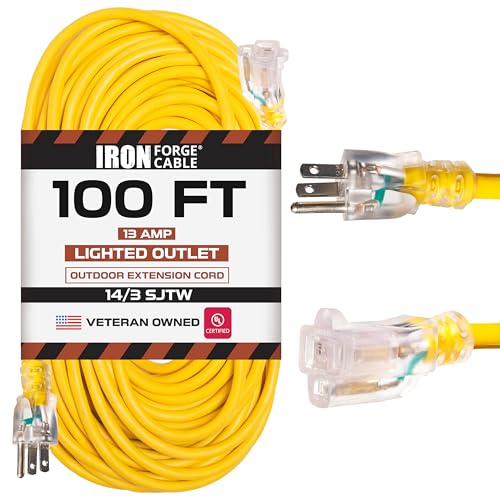 Iron Forge Cable Weatherproof 100 Ft Outdoor Extension Cord - 14/3 SJTW 15 Amp Heavy Duty Yellow Extension Cord 3 Prong - Lighted End