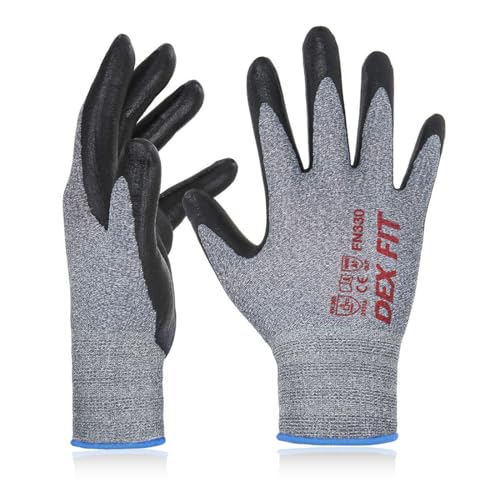 DEX FIT Nitrile Coated Work Gloves FN330-3D-Comfort Stretchy Fit, Firm Grip, Thin & Lightweight, Touchscreen Fingers, Protective & Durable, Breathable, Machine Washable; Grey XS (6) 12 Pairs