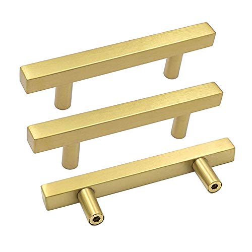 goldenwarm 20 Pack Gold Cabinet Handles Brushed Brass Cabinet Pulls 3in Gold Drawer Pulls Kitchen Brass Drawer Handles-LS1212GD76 Brushed Brass Cupboard Dresser Hardware, 5in Overall Length