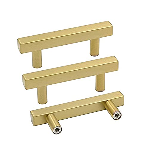 Goldenwarm Brushed Brass Cabinet Knobs Drawer Pulls Furniture Hardware -LS1212GD64 T Bar Square Gold Cabinet Pulls 2.5 Inch Hole Centers Kitchen Cupboard Door Handles Stainless Steel 50 Pack