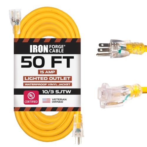 Iron Forge Cable Outdoor Extension Cord 50 Ft - 10 Gauge Heavy Duty Extension Cord, 15 AMP, 10/3 Yellow Power Cable SJTW Weatherproof with 3 Prong