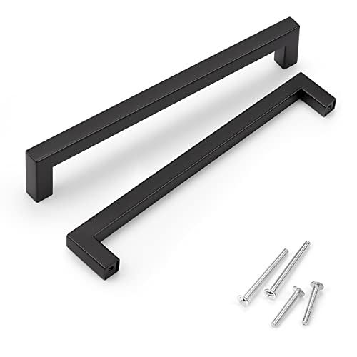 KNOBWELL 15 Pack Black Stainless Steel Cabinet Handles 7-9/16 in Kitchen Drawer Pulls, Euro Style Cabinet Handles for Vanity Chest Nightstand, Hole Spacing 7-9/16", Overall Length 8"