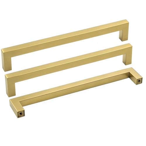 goldenwarm Brass Kitchen Cabinet Hardware Gold Drawer Pulls 10 Pack - LSJ12GD192 Square Cupboard Bathroom Door Handles Brushed Brass Pulls for Cabinets 7-1/2in Center to Center