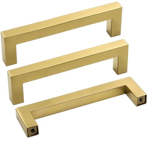 Goldenwarm Gold Drawer Pulls Furniture Hardware Cabinet Handles - LSJ12GD96 Modern Square Kitchen Cupboard Drawer Knobs 3.75 Inch Hole Center Brushed Brass Cabinet Pulls 20 Pack