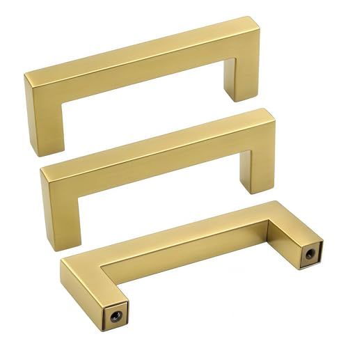 Goldenwarm Brushed Brass Drawer Pulls Kitchen Cabinet Door Handle - LSJ12GD76 Gold Cabinet Knobs Modern Square Drawer Dresser Knobs Furniture Hardware Cupboard Pulls 3 inch Hole Center 30 Pack